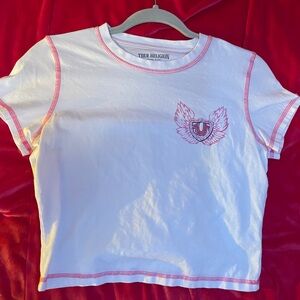 True Religion Cropped Tee with Pink Stitching
